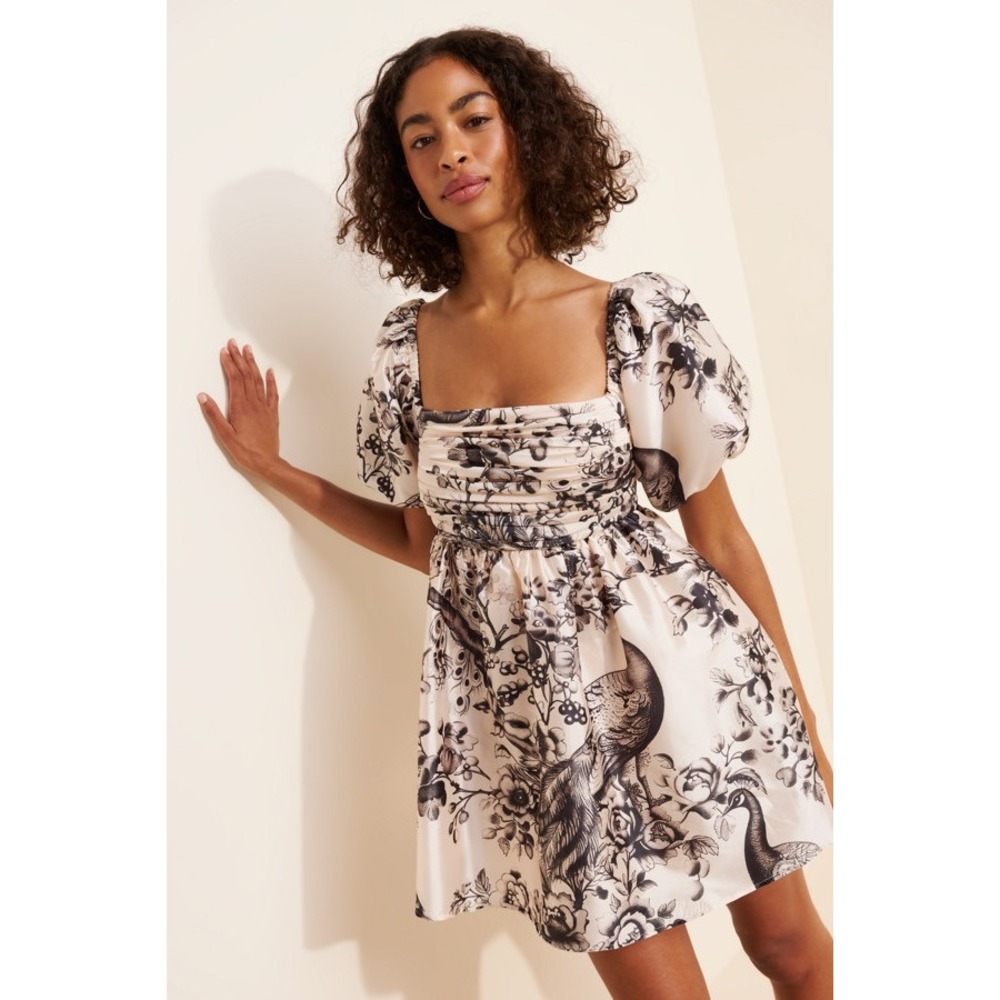 NEW Anthropologie BHLDN Nina Puff Sleeve Square Neck Mini Dress M Peacock Print